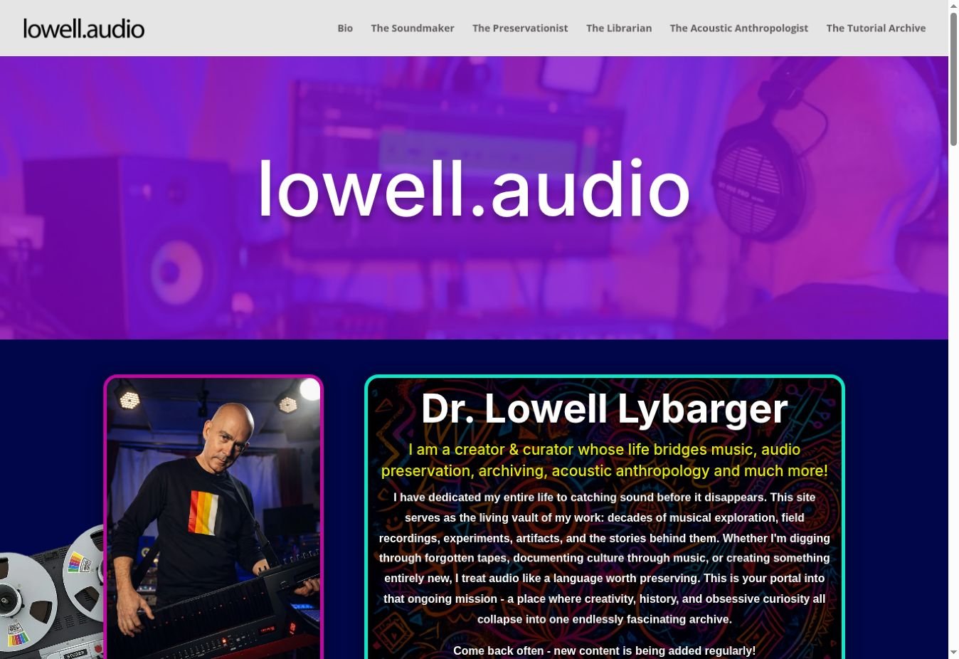 Screenshot of Lowell.audio: purple studio hero, colorful neon borders, and Dr. Lowell Lybarger playing keytar