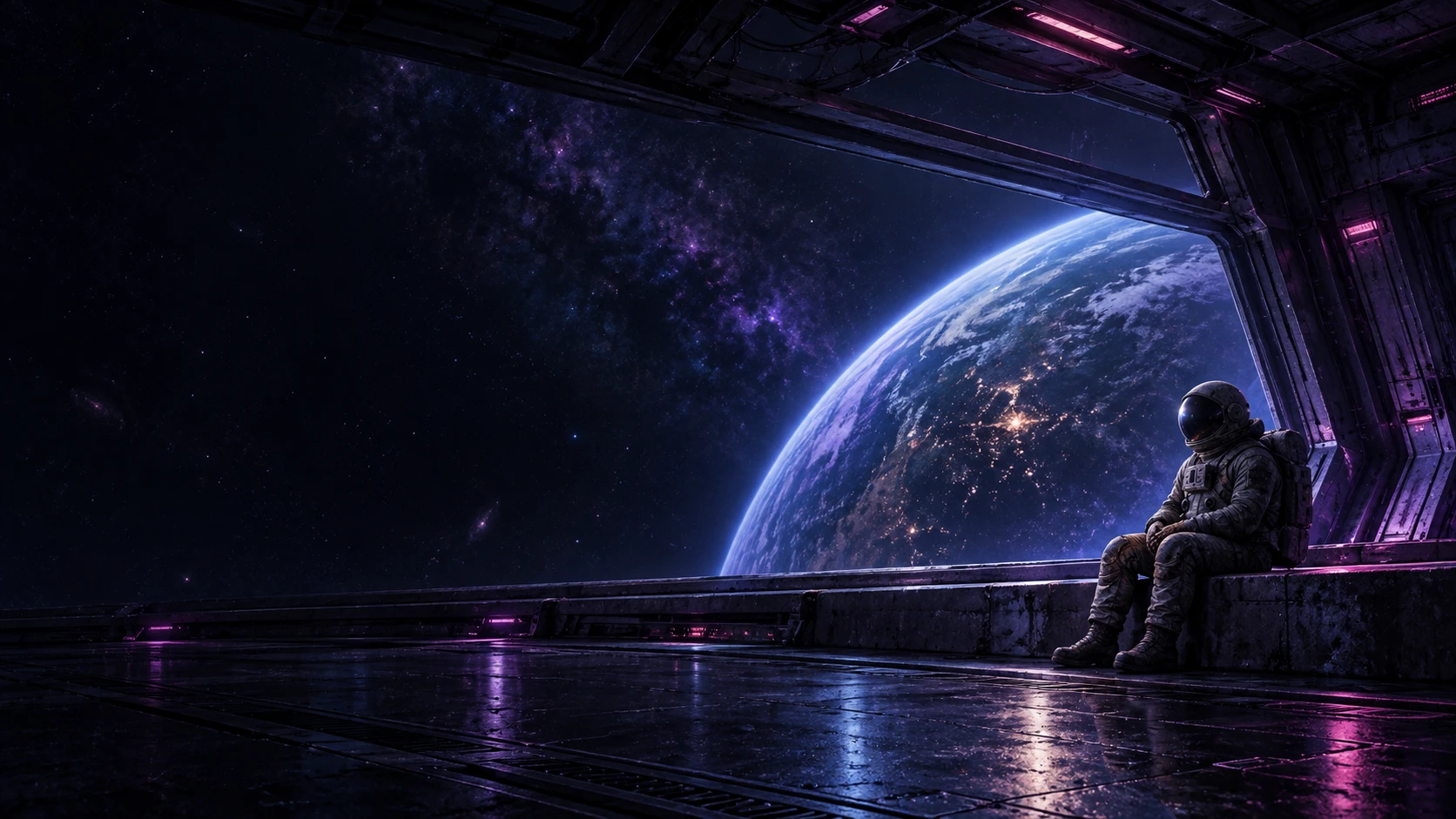 A solitary astronaut watches a distant planet from a dark spacecraft observation room