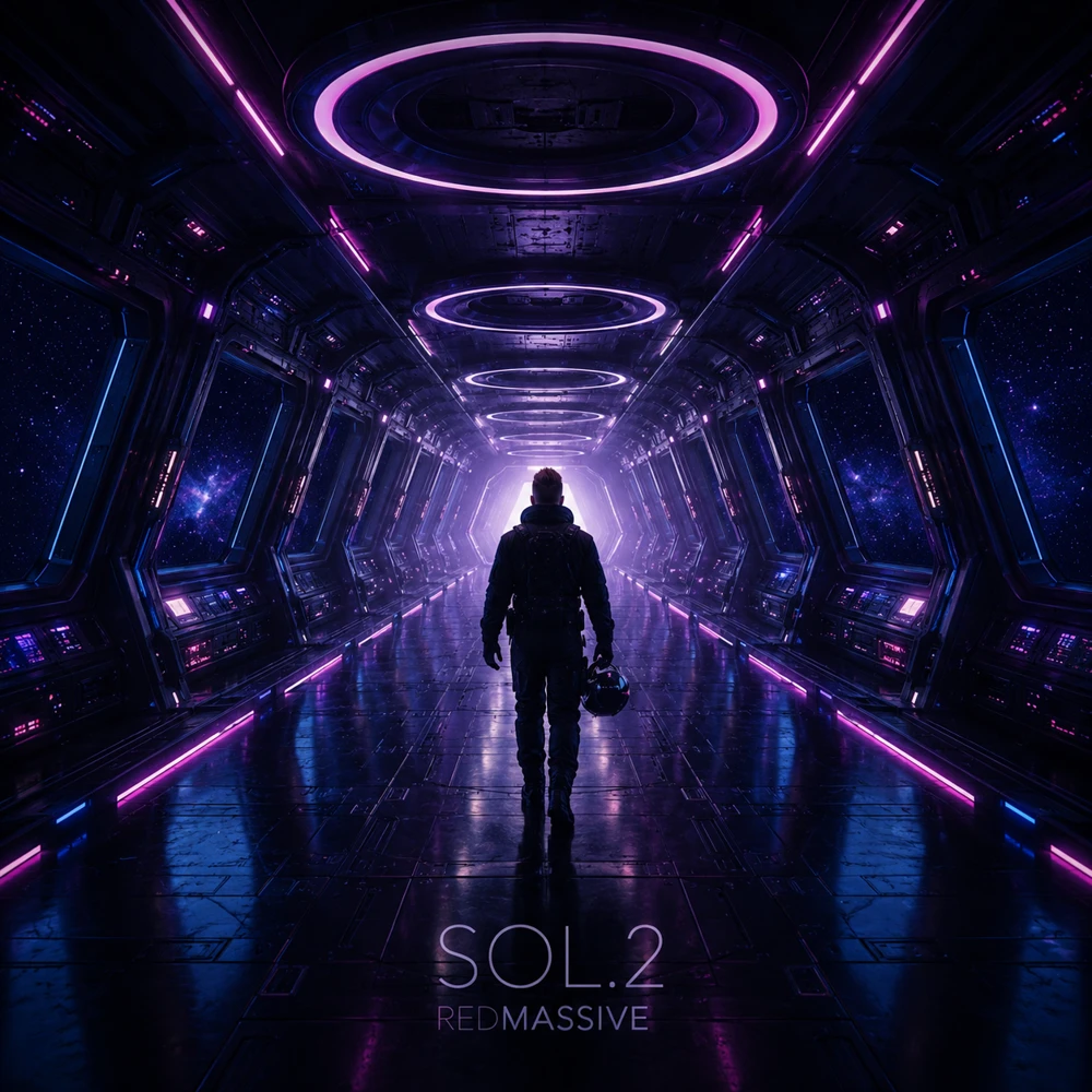 SOL.2 cover: a lone figure in a violet spacecraft corridor
